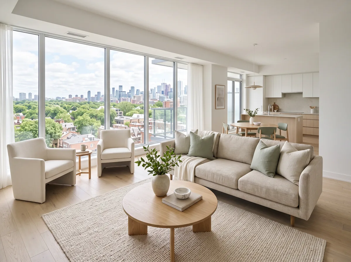 A bright modern condominium living space with large windows